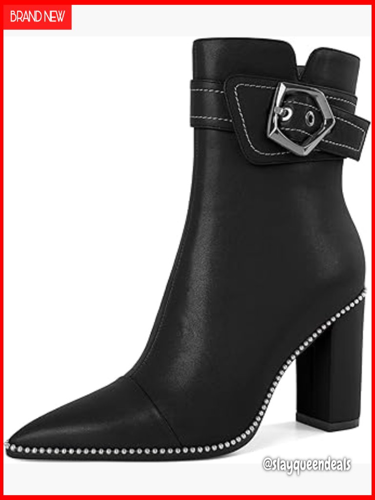 Chunky Heel Ankle Booties Pointed Toe Silver Beads Side Zipper Stretch Material